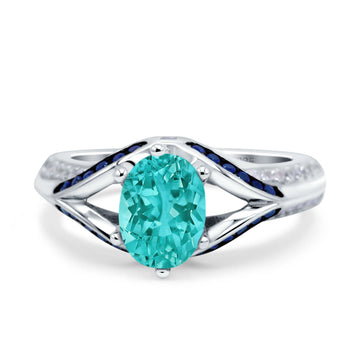 Split Shank Halo Oval Wedding Engagement Ring Blue Sapphire Simulated Paraiba Tourmaline CZ 925 Sterling Silver